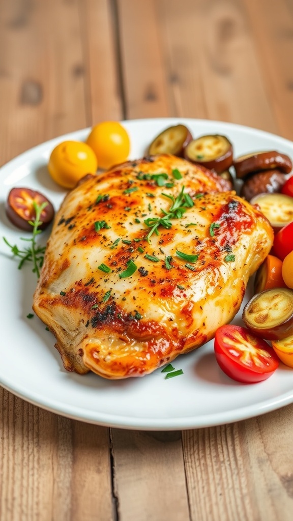 Oven-baked chicken breast on a plate with roasted vegetables, garnished with herbs.